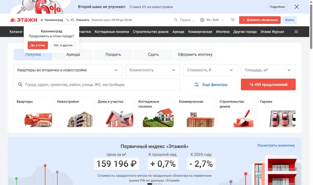 Скриншот главной страницы сайта Этажи
