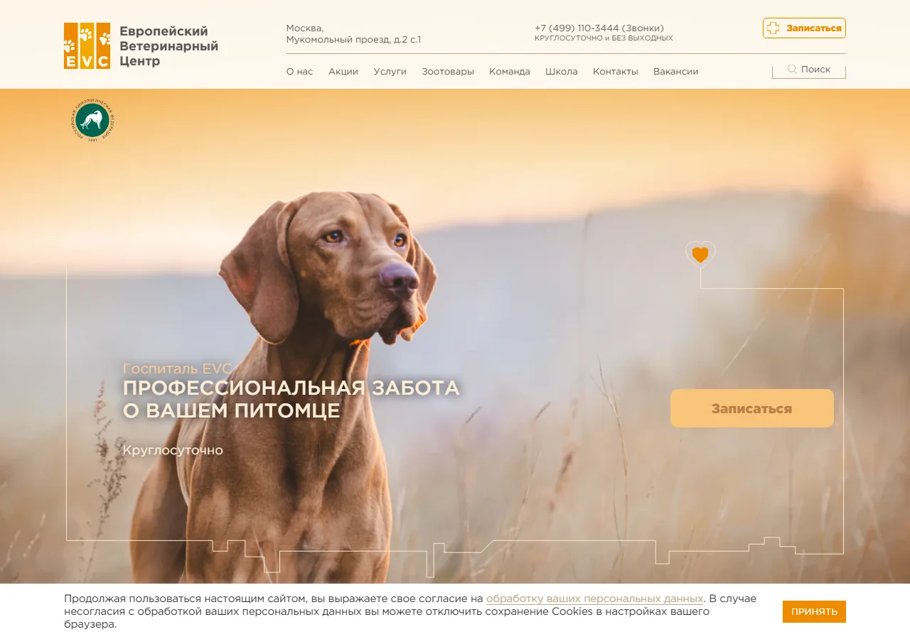 Скриншот главной страницы сайта Европейский ветеринарный центр